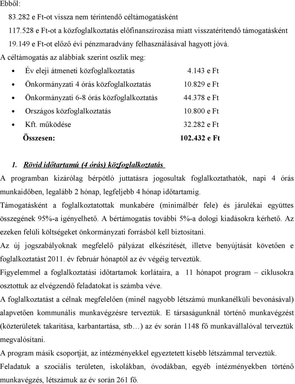 143 e Ft Önkormányzati 4 órás közfoglalkoztatás 10.829 e Ft Önkormányzati 6-8 órás közfoglalkoztatás 44.378 e Ft Országos közfoglalkoztatás 10.800 e Ft Kft. működése 32.282 e Ft Összesen: 102.