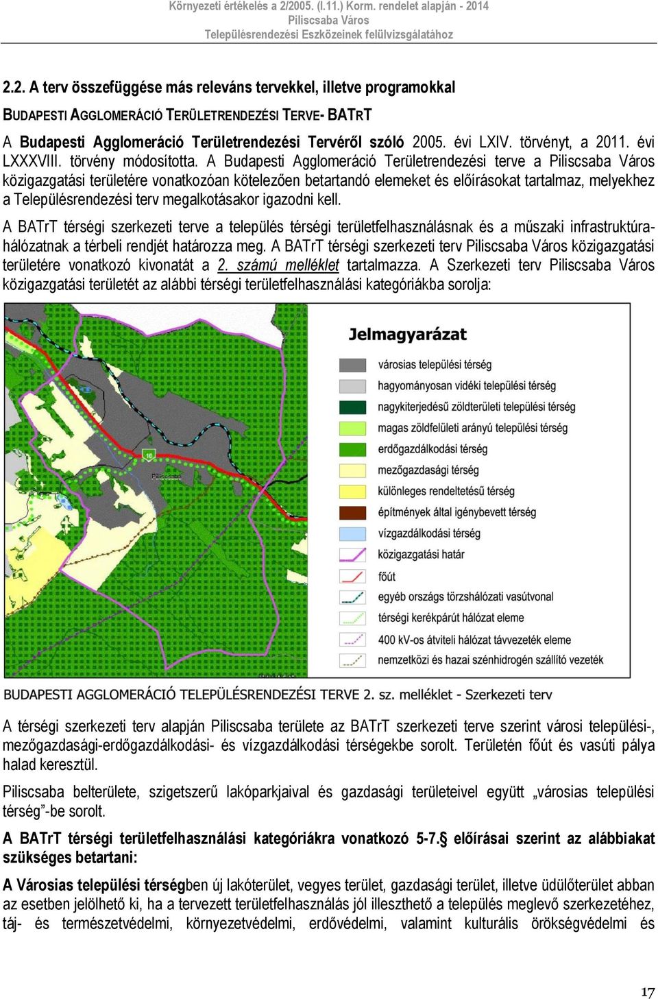 A Budapesti Agglomeráció Területrendezési terve a közigazgatási területére vonatkozóan kötelezően betartandó elemeket és előírásokat tartalmaz, melyekhez a Településrendezési terv megalkotásakor