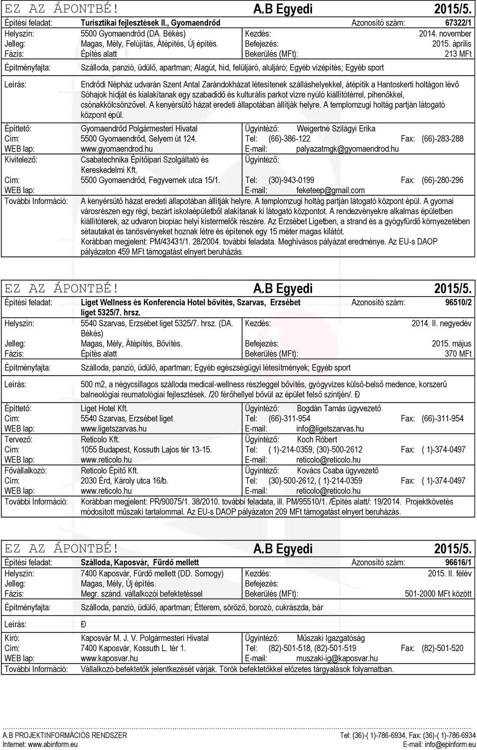 április Fázis: Építés alatt Bekerülés (MFt): 213 MFt Szálloda, panzió, üdülő, apartman; Alagút, híd, felüljáró, aluljáró; Egyéb vízépítés; Egyéb sport Endrődi Népház udvarán Szent Antal Zarándokházat