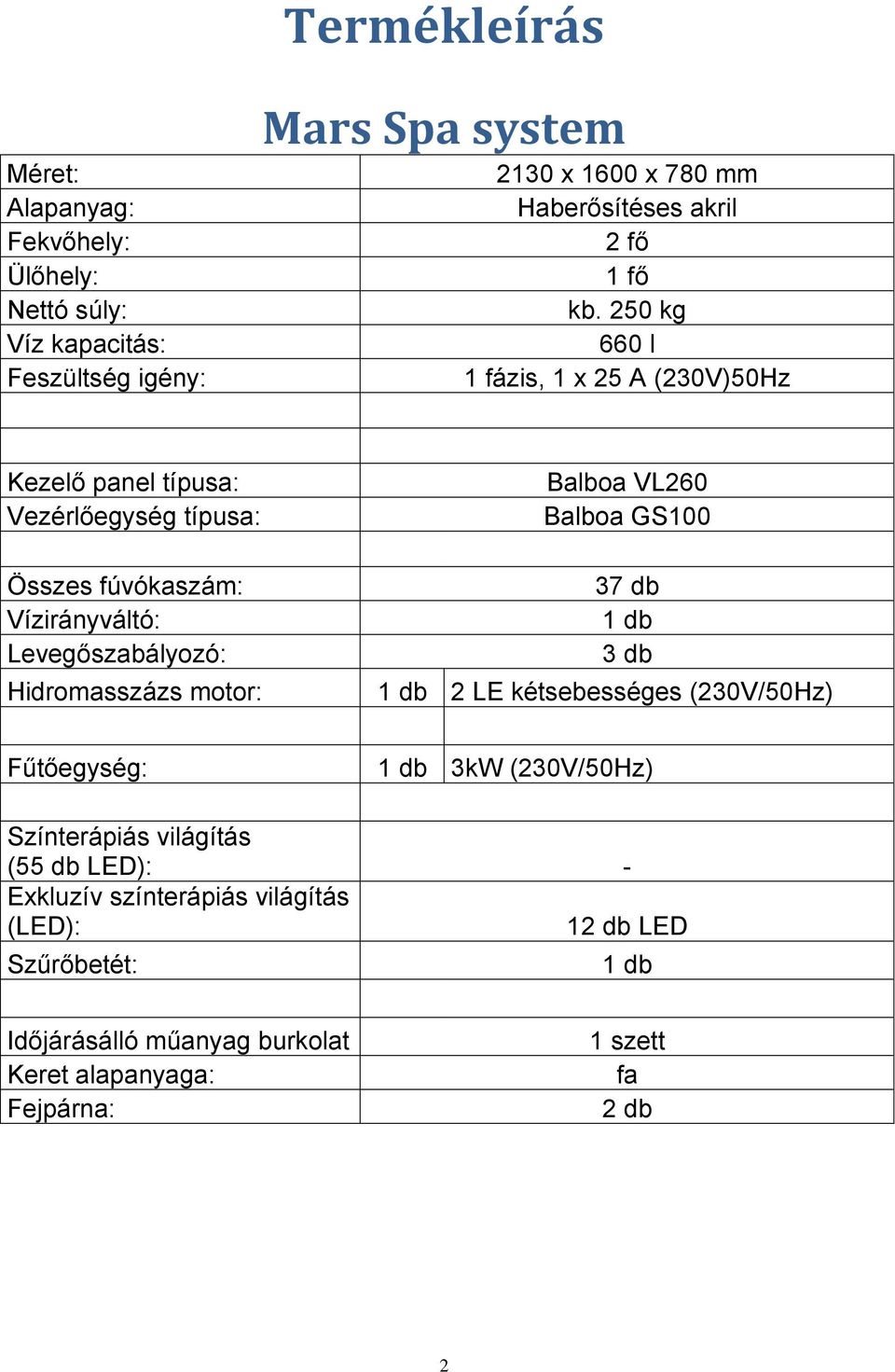 250 kg 660 l 1 fázis, 1 x 25 A (230V)50Hz Kezelő panel típusa: Vezérlőegység típusa: Balboa VL260 Balboa GS100 Összes fúvókaszám: Vízirányváltó: