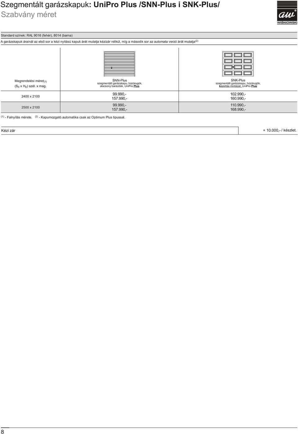 2400 x 2100 2500 x 2100 SNN-Plus szegmentált garázskapu, húzórugók, alacsony barázdák, UniPro Plus SNK-Plus szegmentált garázskapu, húzórugók, kazettás mintázat, UniPro