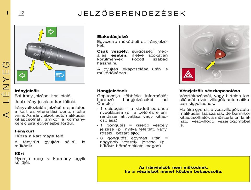 Az irányjelzõk automatikusan kikapcsolnak, amikor a kormánykerék újra egyenesbe fordul. Fénykürt Húzza a kart maga felé. A fénykürt gyújtás nélkül is mûködik.