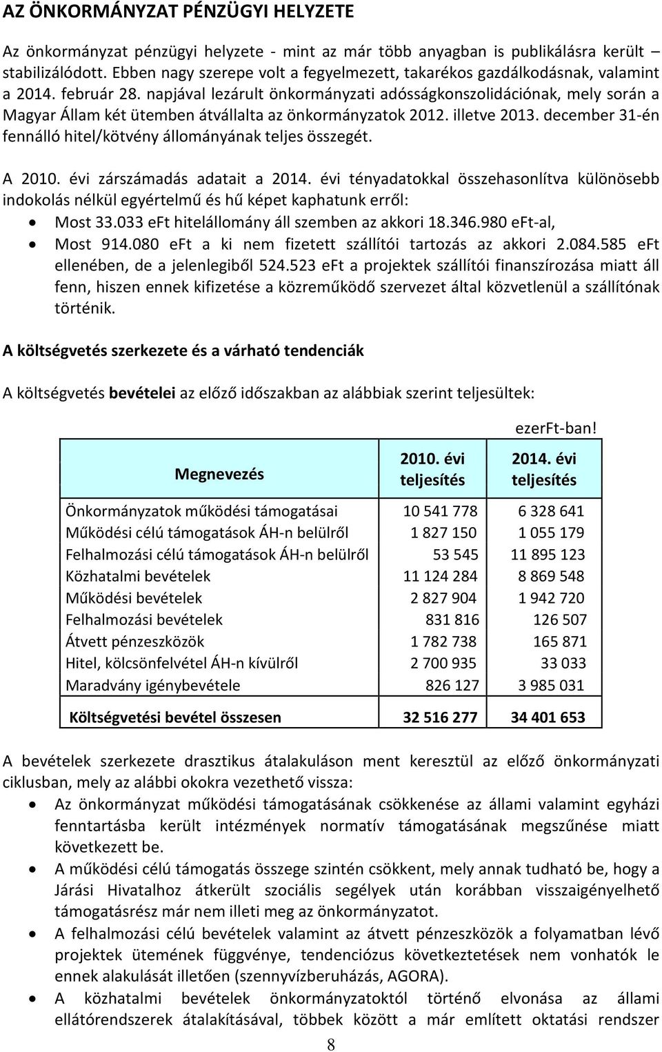 napjával lezárult önkormányzati adósságkonszolidációnak, mely során a Magyar Állam két ütemben átvállalta az önkormányzatok 2012. illetve 2013.