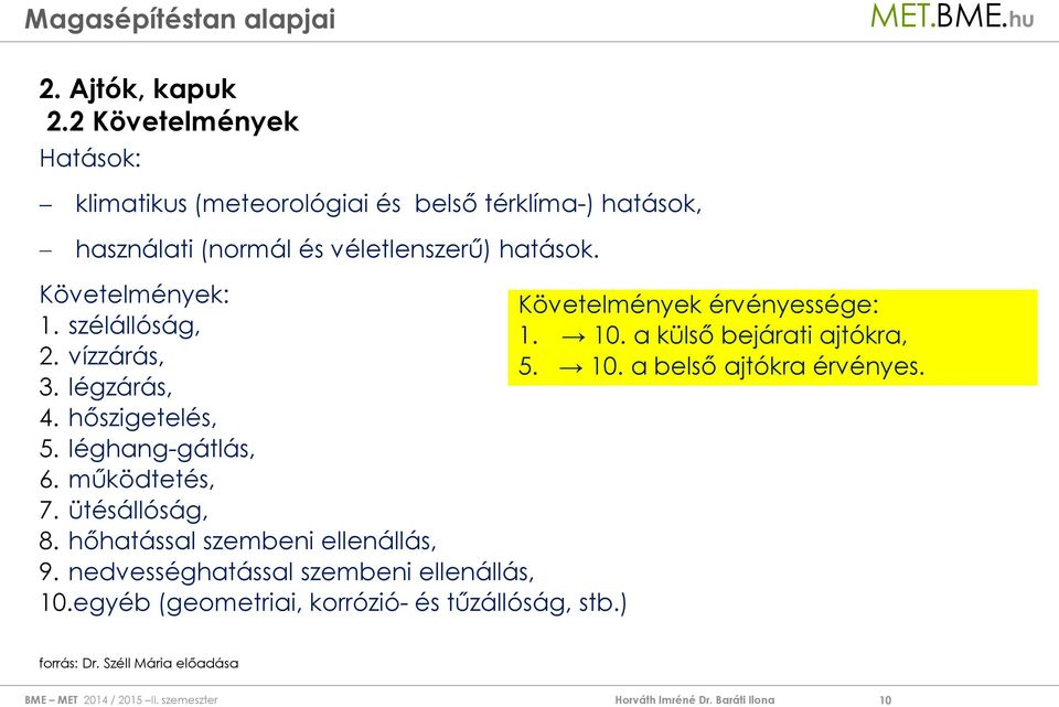 Követelmények: Követelmények érvényessége: 1. szélállóság, 1. 10. a külső bejárati ajtókra, 2. vízzárás, 5. 10. a belső ajtókra érvényes.