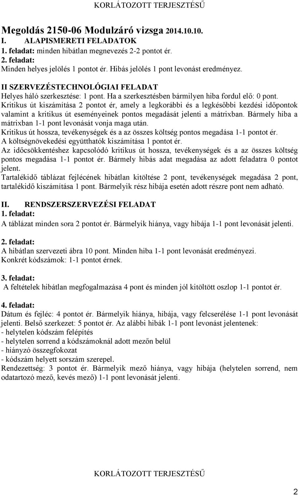 legkésőbbi kezdési időpontok valamint a kritikus út eseményeinek pontos megadását jelenti a mátrixban Bármely hiba a mátrixban 1-1 pont levonását vonja maga után Kritikus út hossza, tevékenységek és