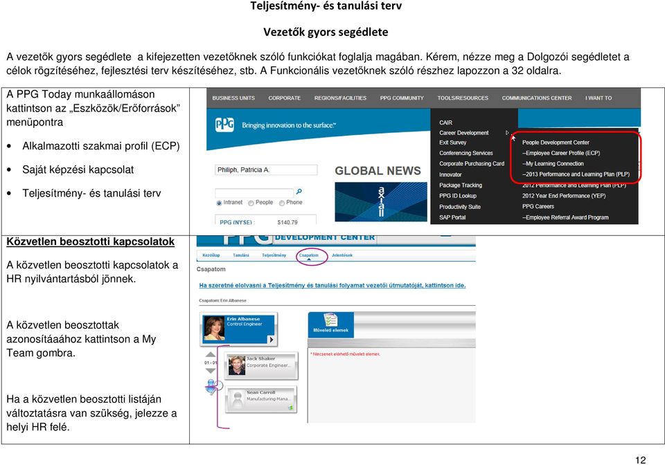 A PPG Today munkaállomáson kattintson az Eszközök/Erőforrások menüpontra Alkalmazotti szakmai profil (ECP) Saját képzési kapcsolat Teljesítmény- és tanulási terv Közvetlen