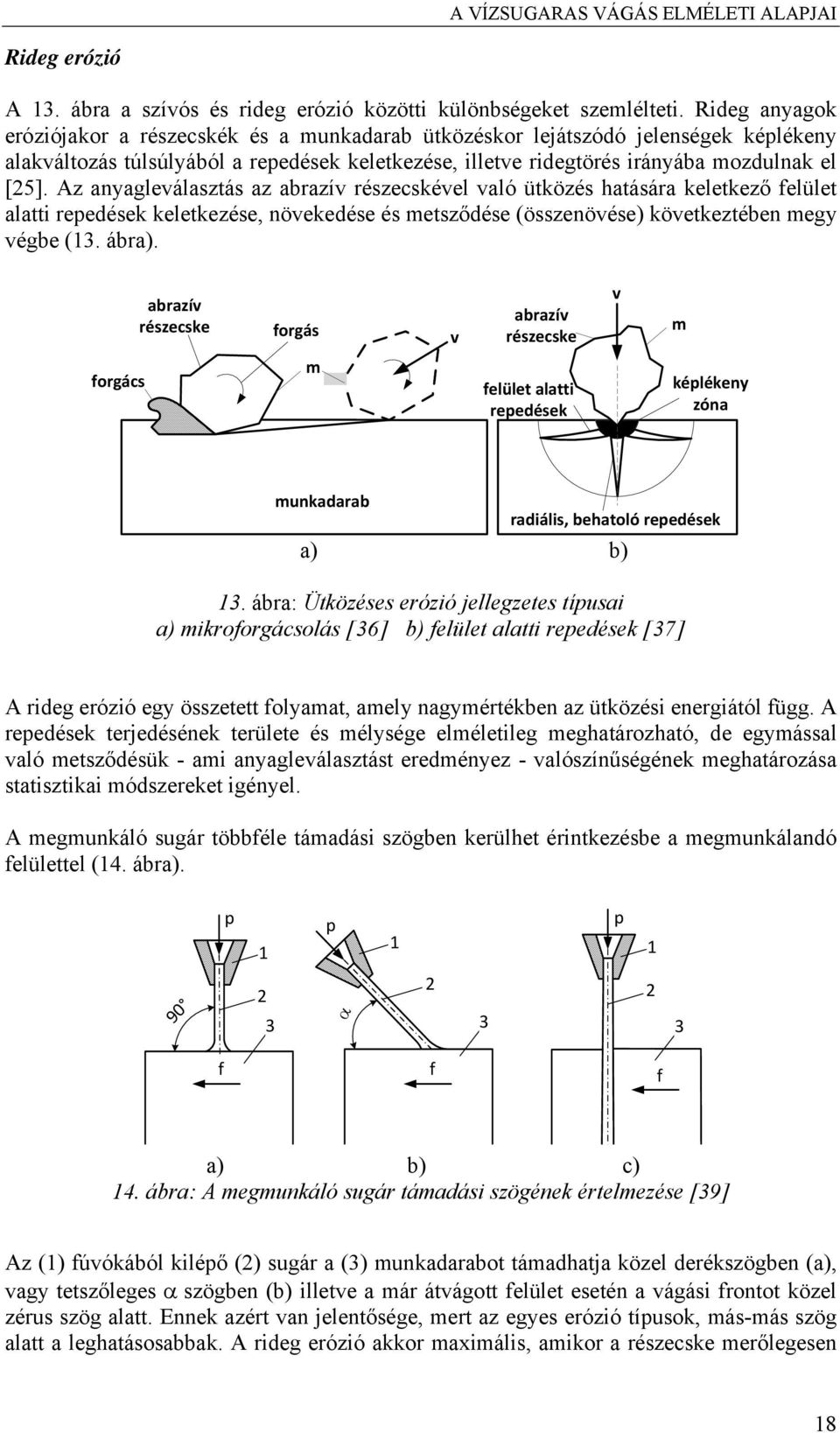 Az anyagleválasztás az abrazív részecskével való ütközés hatására keletkező felület alatti repedések keletkezése, növekedése és metsződése (összenövése) következtében megy végbe (13. ábra).