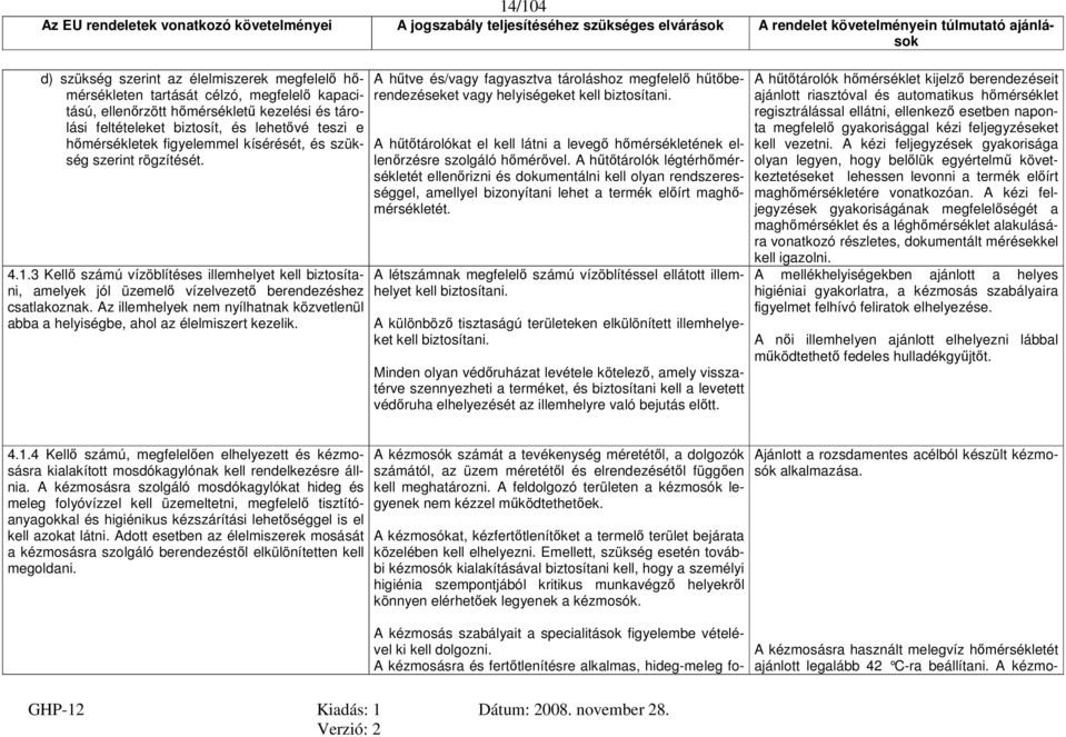 Az illemhelyek nem nyílhatnak közvetlenül abba a helyiségbe, ahol az élelmiszert kezelik. A hűtve és/vagy fagyasztva tároláshoz megfelelő hűtőberendezéseket vagy helyiségeket kell biztosítani.