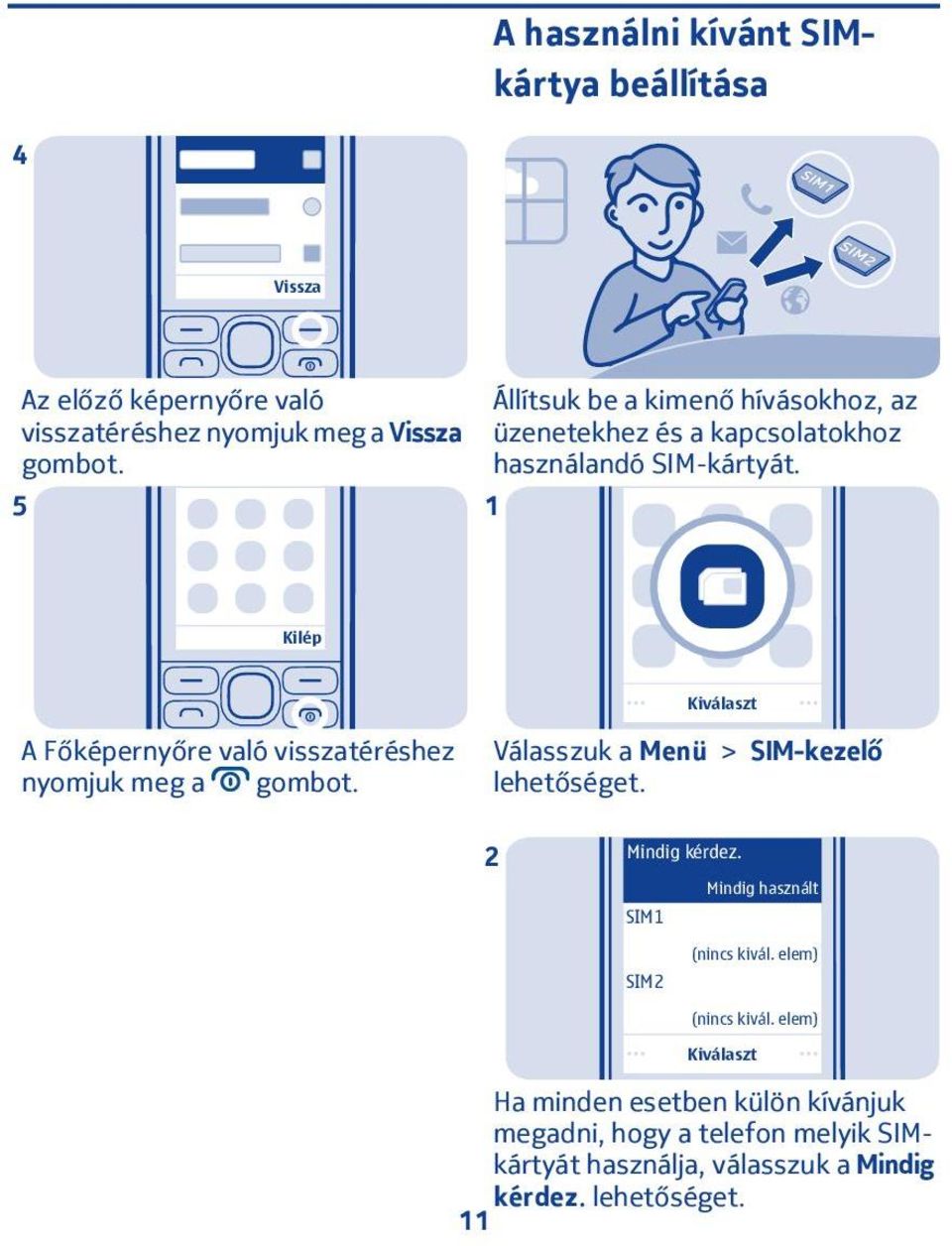 Kilép A Főképernyőre való visszatéréshez nyomjuk meg a gombot. Válasszuk a Menü > SIM-kezelő Mindig kérdez.