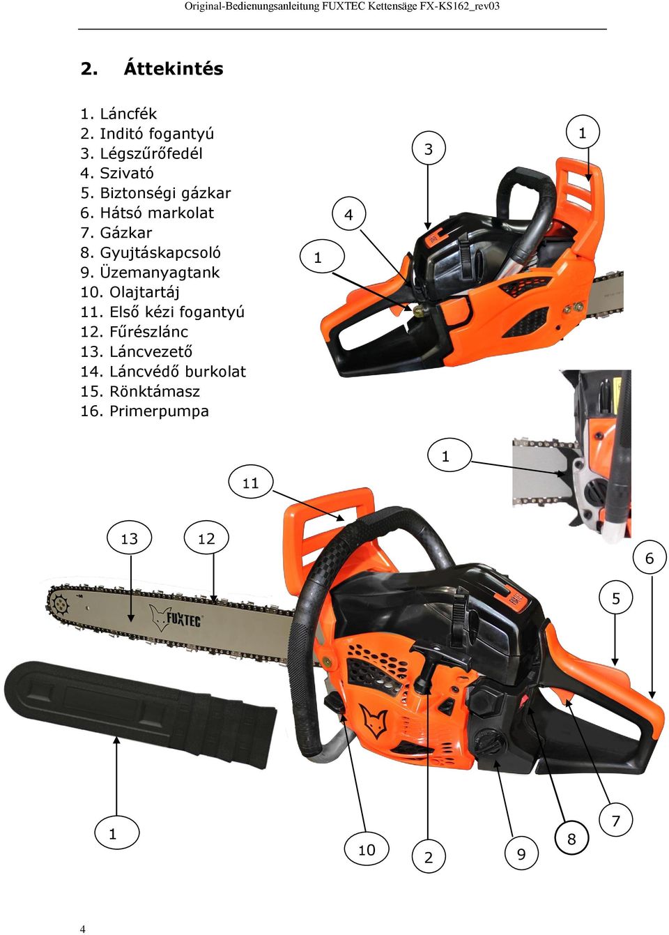 Üzemanyagtank 10. Olajtartáj 11. Első kézi fogantyú 12. Fűrészlánc 13.