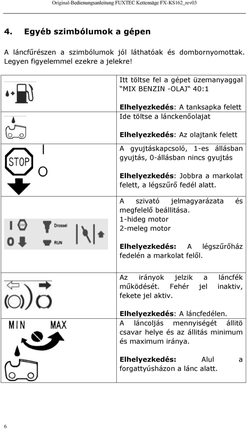 0-állásban nincs gyujtás Elhelyezkedés: Jobbra a markolat felett, a légszűrő fedél alatt. A szivató jelmagyarázata és megfelelő beállitása.