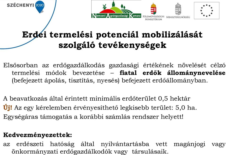 A beavatkozás által érintett minimális erdőterület 0,5 hektár Új! Az egy kérelemben érvényesíthető legkisebb terület: 5,0 ha.