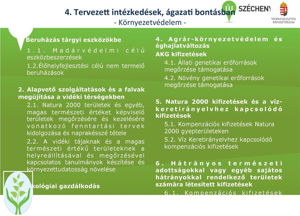 Natura 2000 területek és egyéb, magas természeti értéket képviselő területek megőrzésére és kezelésére vonatkozó fenntartási tervek kidolgozása és naprakésszé tétele 2.2. A vidéki tájaknak és a magas természeti értékű területeknek a helyreállításával és megőrzésével kapcsolatos tanulmányok készítése és környezettudatosság növelése 3.