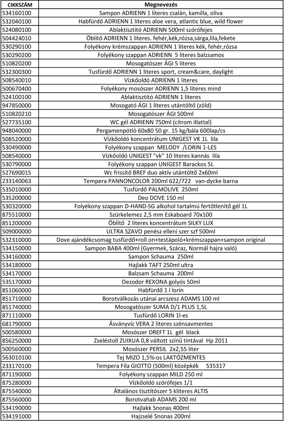 fehér,kék,rózsa,sárga,lila,fekete 530290100 Folyékony krémszappan ADRIENN 1 literes kék, fehér,rózsa 530290200 Folyékony szappan ADRIENN 5 literes balzsamos 510820200 Mosogatószer ÁGI 5 literes