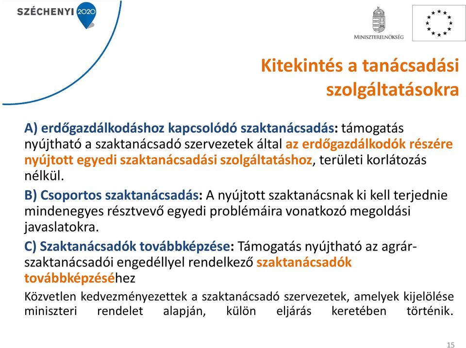 B) Csoportos szaktanácsadás: A nyújtott szaktanácsnak ki kell terjednie mindenegyes résztvevő egyedi problémáira vonatkozó megoldási javaslatokra.