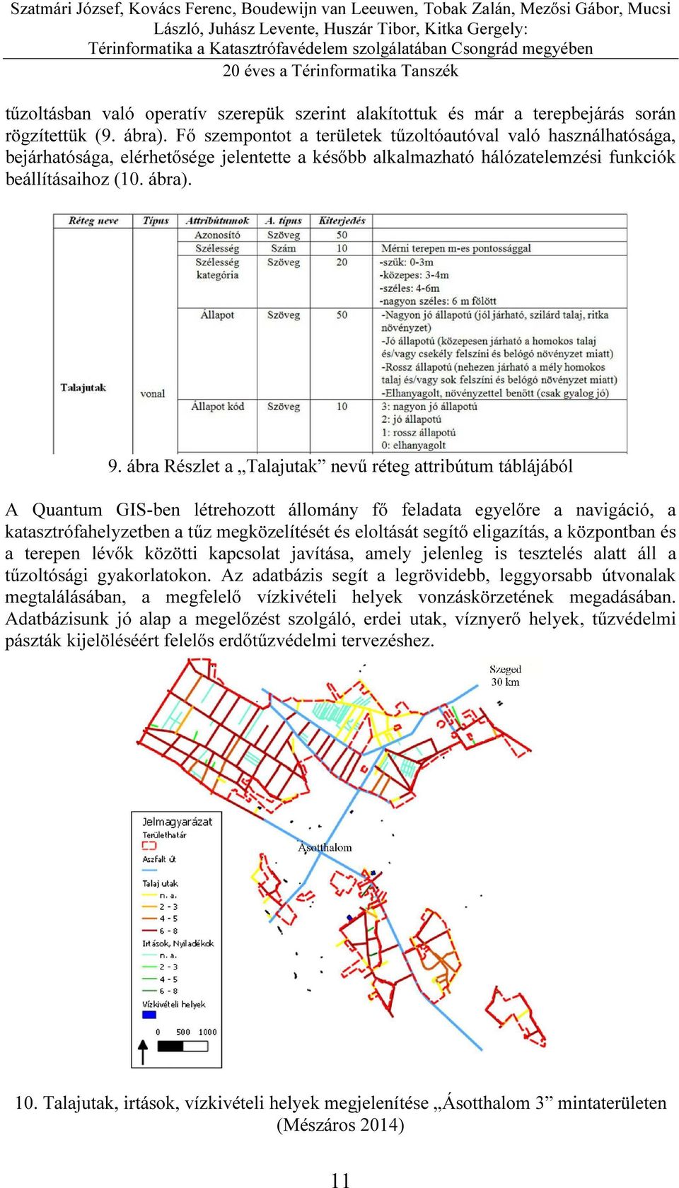 ábra Részlet a Talajutak nevű réteg attribútum táblájából A Quantum GIS-ben létrehozott állomány fő feladata egyelőre a navigáció, a katasztrófahelyzetben a tűz megközelítését és eloltását segítő