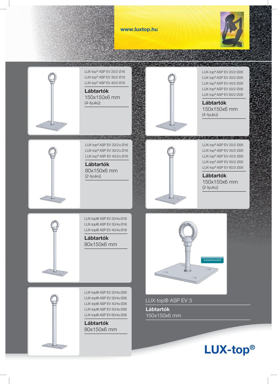 40/2 s Ø16 LUX-top ASP EV 50/2 Ø26 80x150x6 mm LUX-top ASP EV 60/2 Ø26 150x150x6 mm (2-lyukú) (2-lyukú) LUX-top ASP EV 20/4s Ø16 LUX-top ASP EV 30/4s Ø16 LUX-top ASP EV 40/4s Ø16 80x150x6