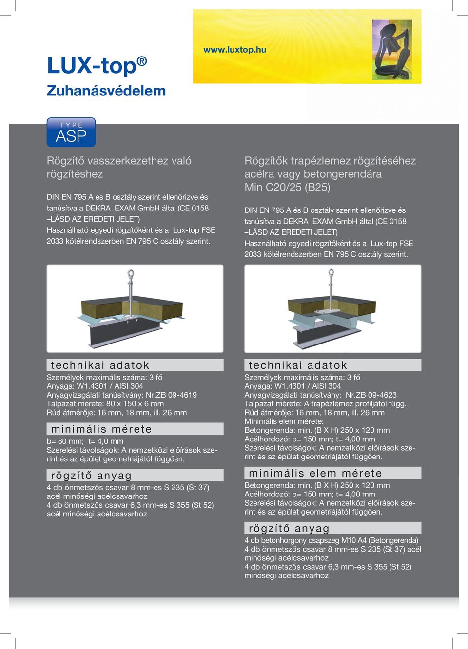 Rögzítők trapézlemez rögzítéséhez acélra vagy betongerendára Min C20/25 (B25) DIN EN 795 A és B osztály szerint ellenőrizve és tanúsítva a DEKRA EXAM GmbH által (CE 0158 LÁSD AZ EREDETI JELET)