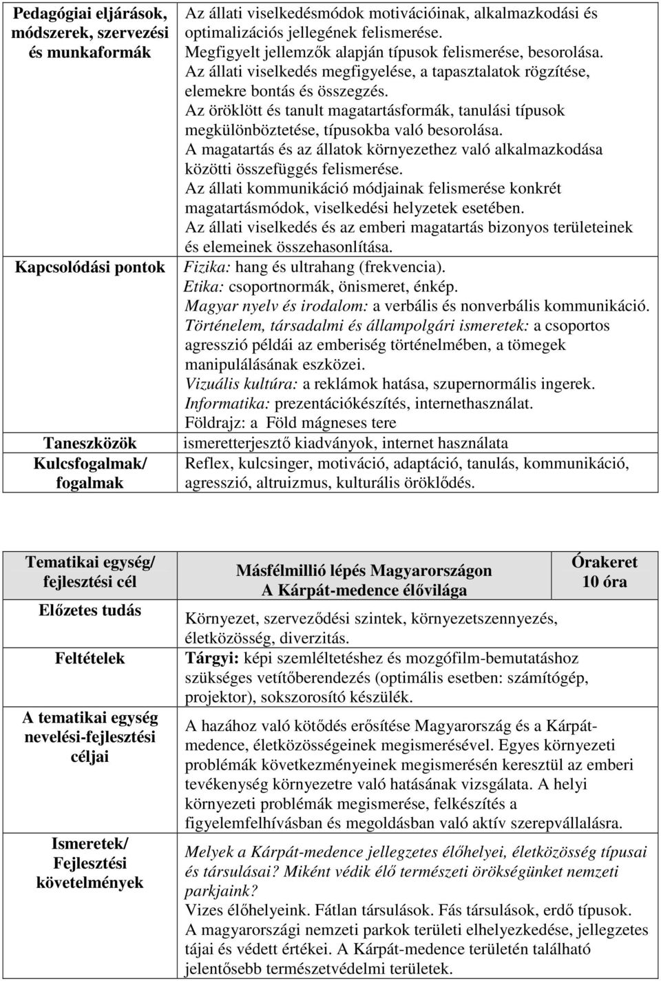 Az öröklött és tanult magatartásformák, tanulási típusok megkülönböztetése, típusokba való besorolása. A magatartás és az állatok környezethez való alkalmazkodása közötti összefüggés felismerése.