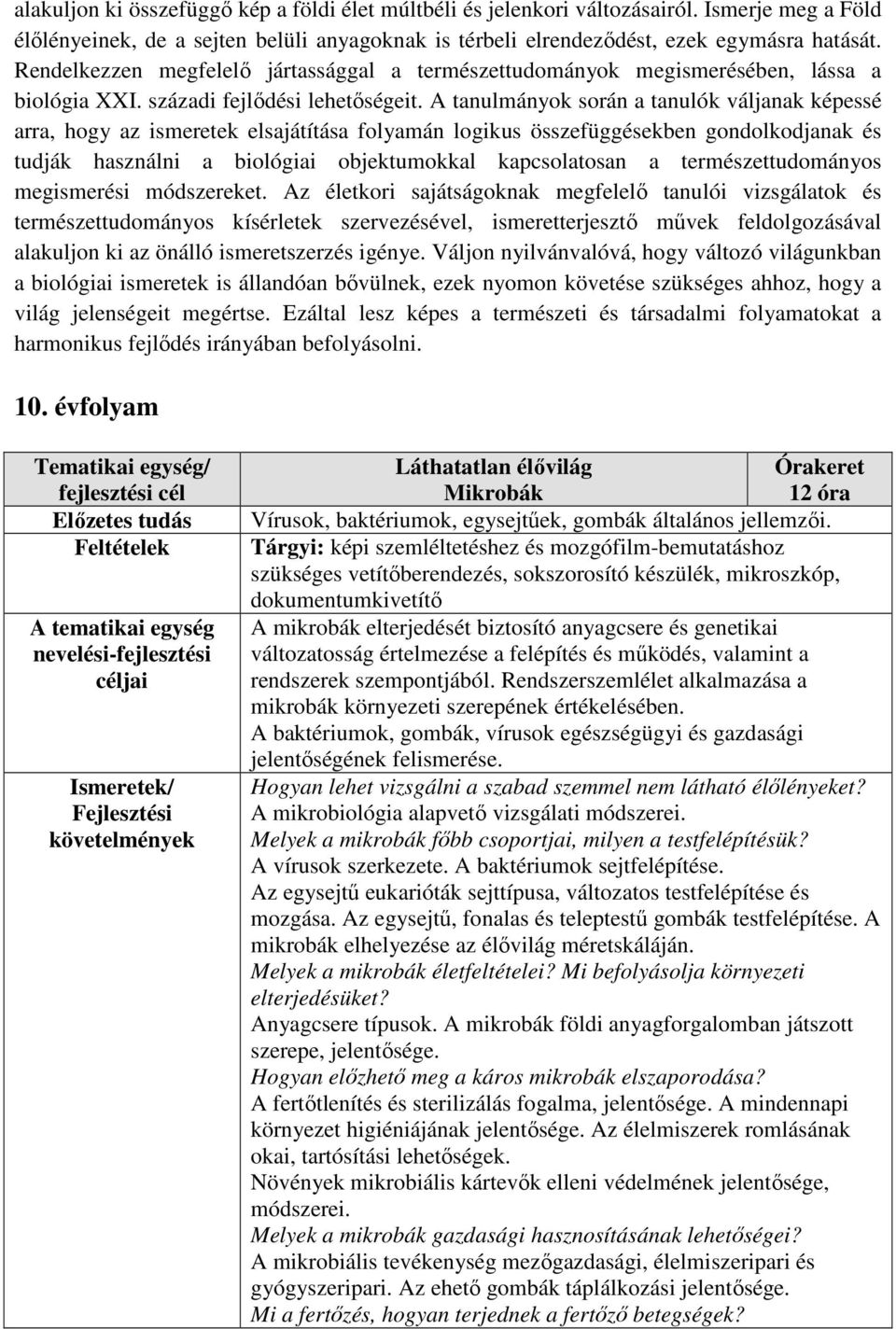 A tanulmányok során a tanulók váljanak képessé arra, hogy az ismeretek elsajátítása folyamán logikus összefüggésekben gondolkodjanak és tudják használni a biológiai objektumokkal kapcsolatosan a