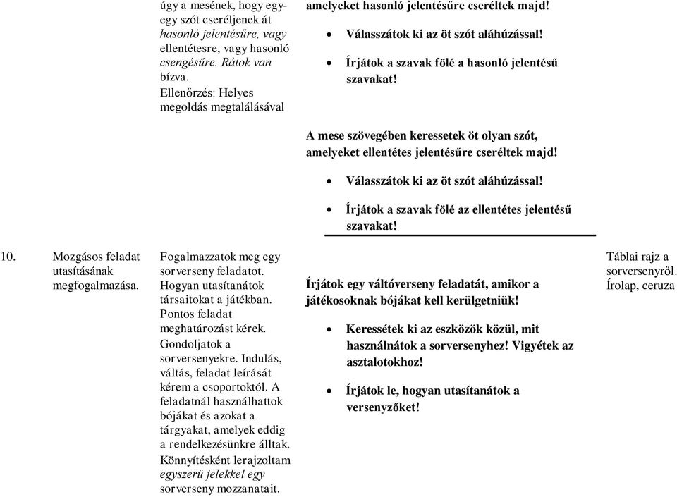 A mese szövegében keressetek öt olyan szót, amelyeket ellentétes jelentésűre cseréltek majd! Válasszátok ki az öt szót aláhúzással! Írjátok a szavak fölé az ellentétes jelentésű szavakat! 10.