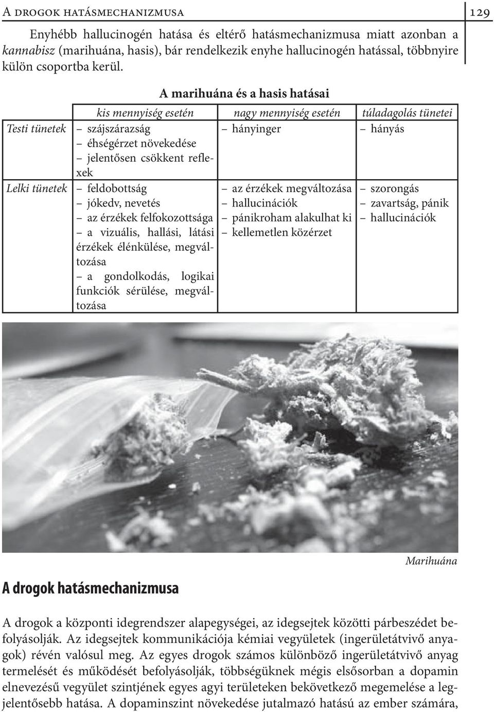 Testi tünetek Lelki tünetek A marihuána és a hasis hatásai kis mennyiség esetén nagy mennyiség esetén túladagolás tünetei szájszárazság hányinger hányás éhségérzet növekedése jelentősen csökkent