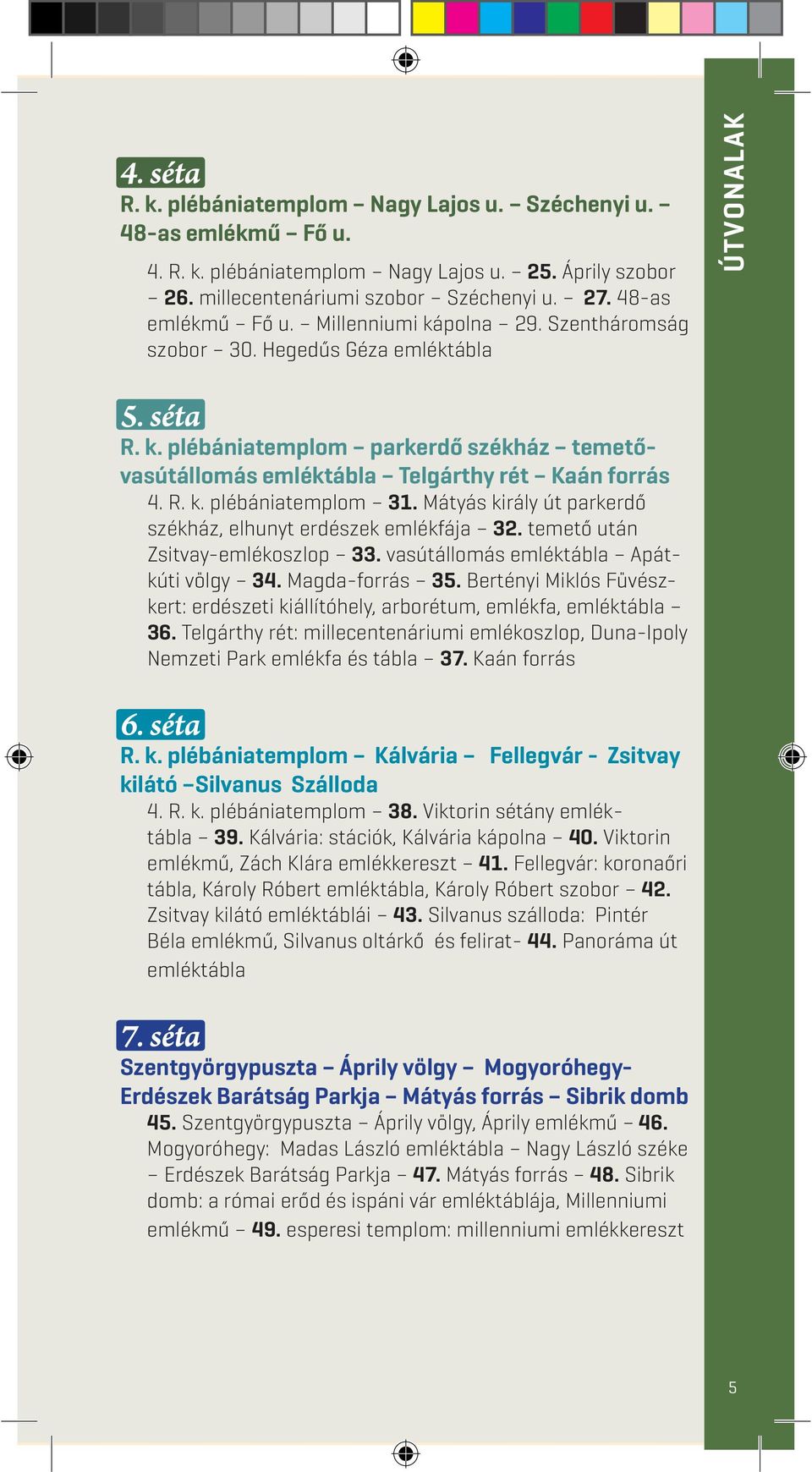 Mátyás király út parkerdő székház, elhunyt erdészek emlékfája 32. temető után Zsitvay-emlékoszlop 33. vasútállomás emléktábla Apátkúti völgy 34. Magda-forrás 35.