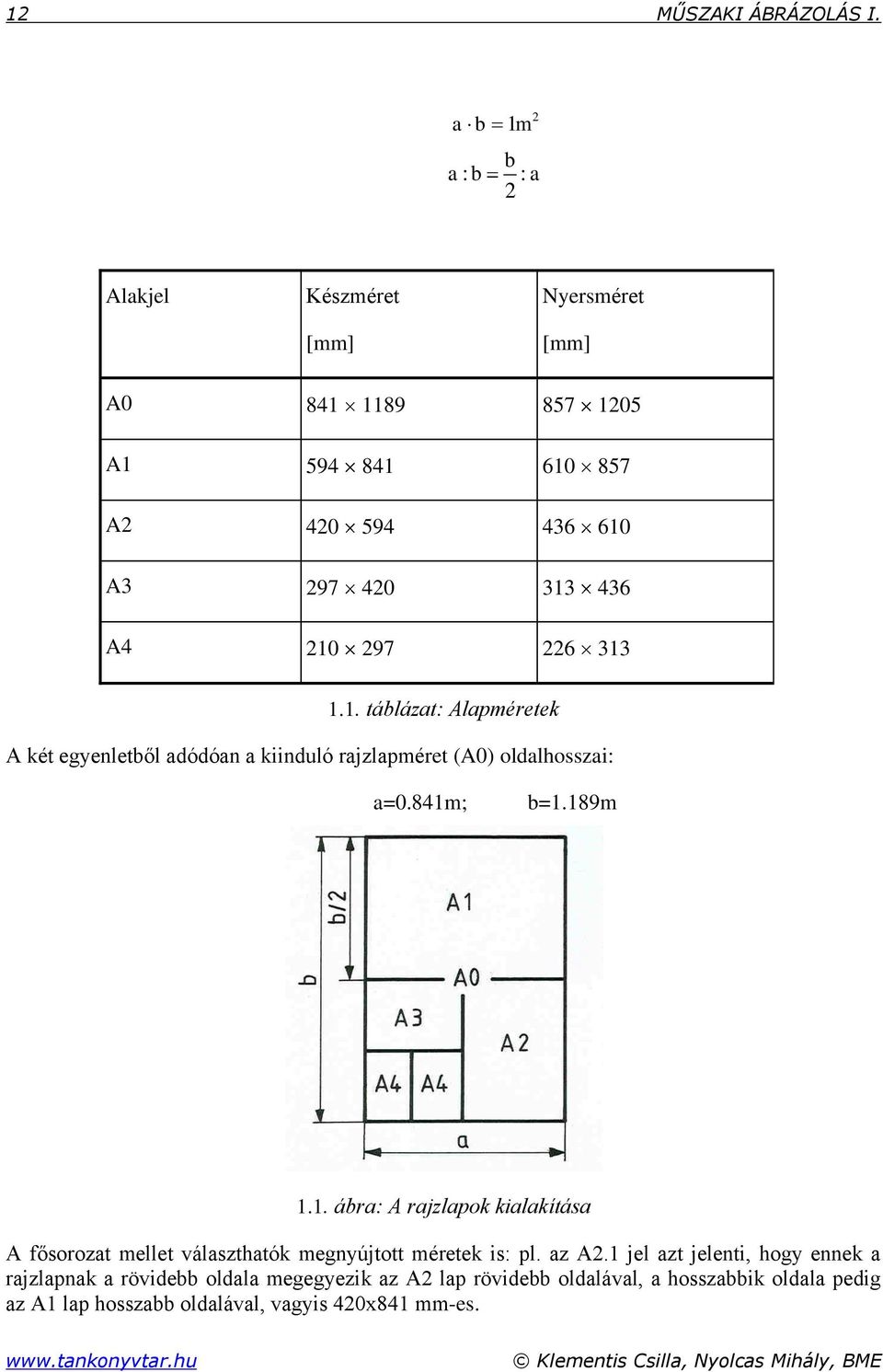 1.1. táblázat: Alapméretek A két egyenletből adódóan a kiinduló rajzlapméret (A0) oldalhosszai: a=0.841m; b=1.189m 1.1. ábra: A rajzlapok kialakítása A fősorozat mellet választhatók megnyújtott méretek is: pl.