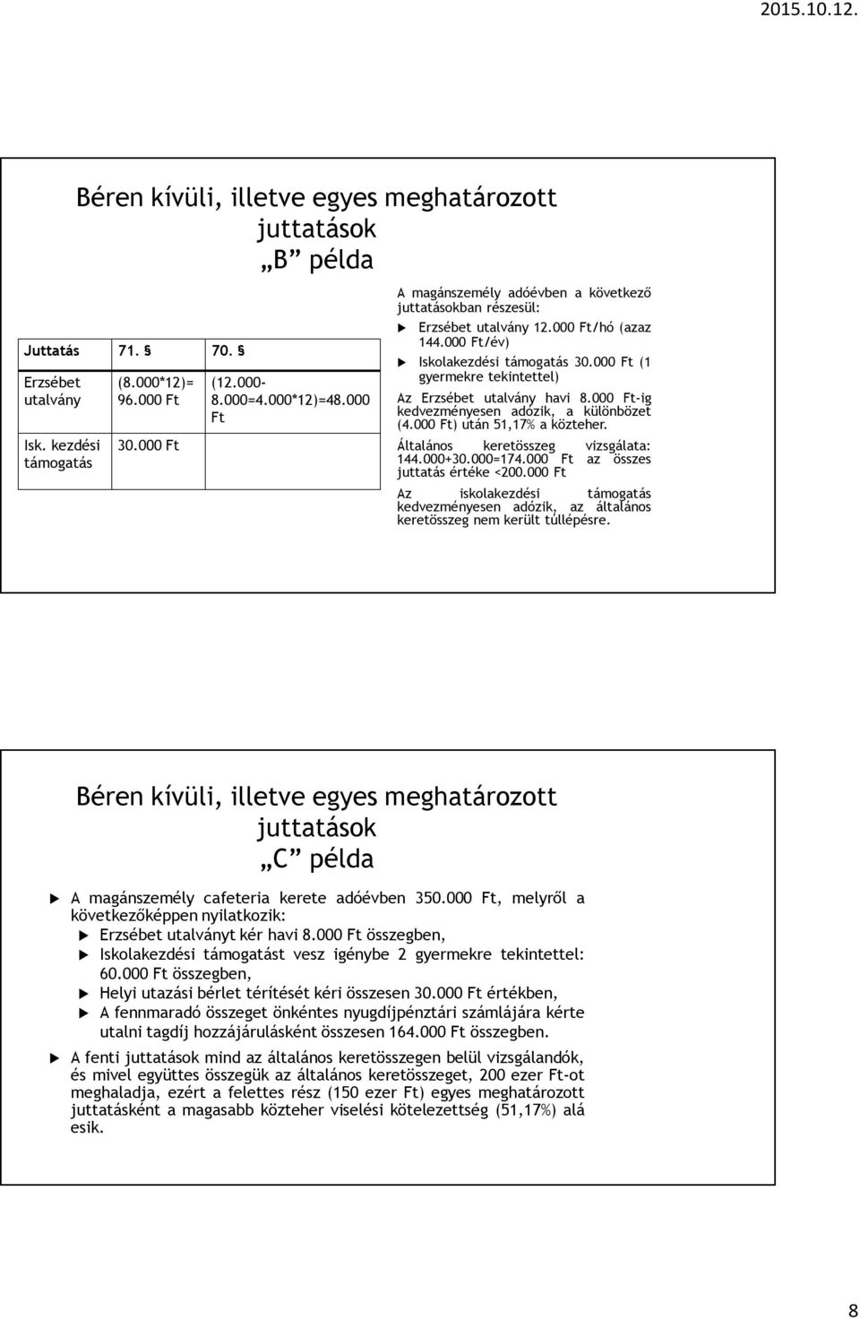 000 Ft (1 gyermekre tekintettel) Az Erzsébet utalvány havi 8.000 Ft-ig kedvezményesen adózik, a különbözet (4.000 Ft) után 51,17% a közteher. Általános keretösszeg vizsgálata: 144.000+30.000=174.