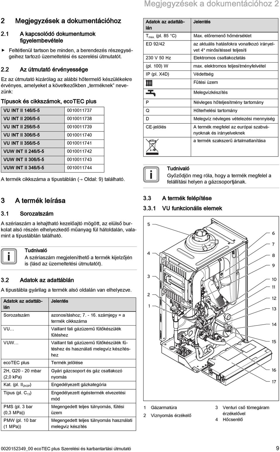 2 Az útmutató érvényessége Ez az útmutató kizárólag az alábbi hőtermelő készülékekre érvényes, amelyeket a következőkben terméknek nevezünk: Típusok és cikkszámok, ecotec plus 46/5 5 0000737 206/5 5