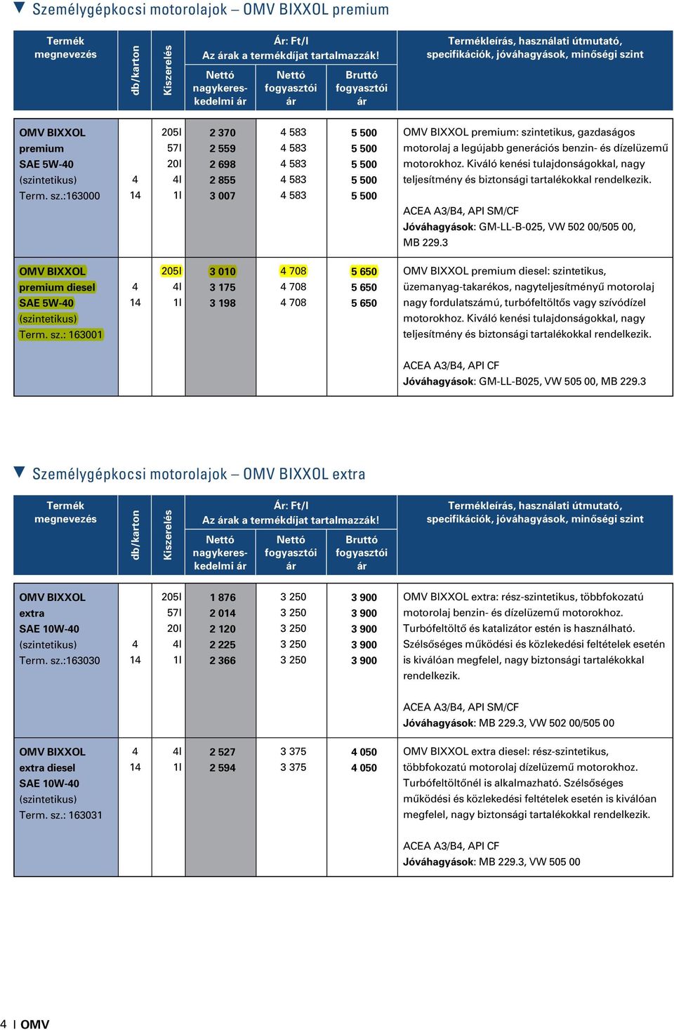 Kiváló kenési tulajdonságokkal, nagy teljesítmény és biztonsági tartalékokkal rendelkezik. ACEA A3/B, API SM/CF Jóváhagyások: GM-LL-B-025, VW 502 00/505 00, MB 229.