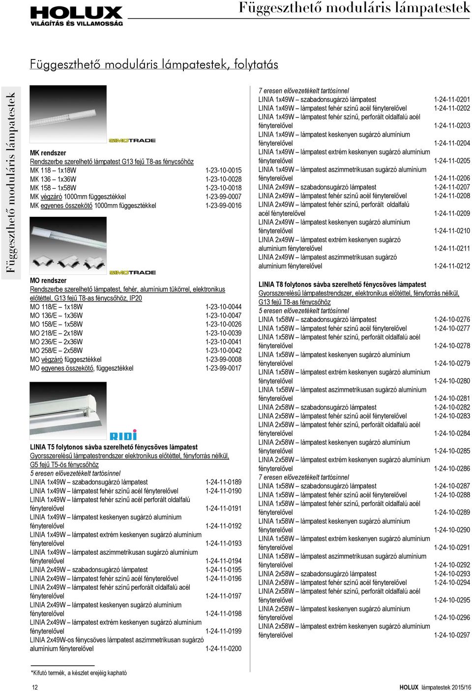 szerelhető lámpatest, fehér, alumínium tükörrel, elektronikus előtéttel, G13 fejű T8-as fénycsőhöz, IP20 MO 118/E 1x18W 1-23-10-0044 MO 136/E 1x36W 1-23-10-0047 MO 158/E 1x58W 1-23-10-0026 MO 218/E