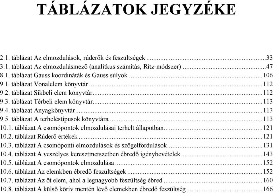 táblázat A terheléstípusok könyvtára... 113 10.1. táblázat A csomópontok elmozdulásai terhelt állapotban... 121 10.2. táblázat Rúderő értékek... 121 10.3. táblázat A csomóponti elmozdulások és szögelfordulások.