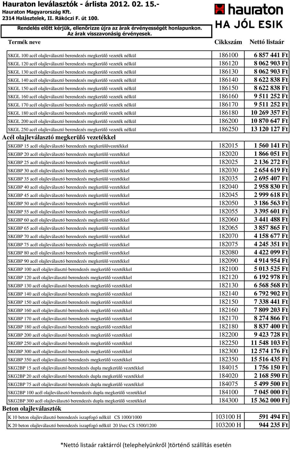 nélkül 186150 8 622 838 Ft SKGL 160 acél olajleválasztó berendezés megkerülő vezeték nélkül 186160 9 511 252 Ft SKGL 170 acél olajleválasztó berendezés megkerülő vezeték nélkül 186170 9 511 252 Ft