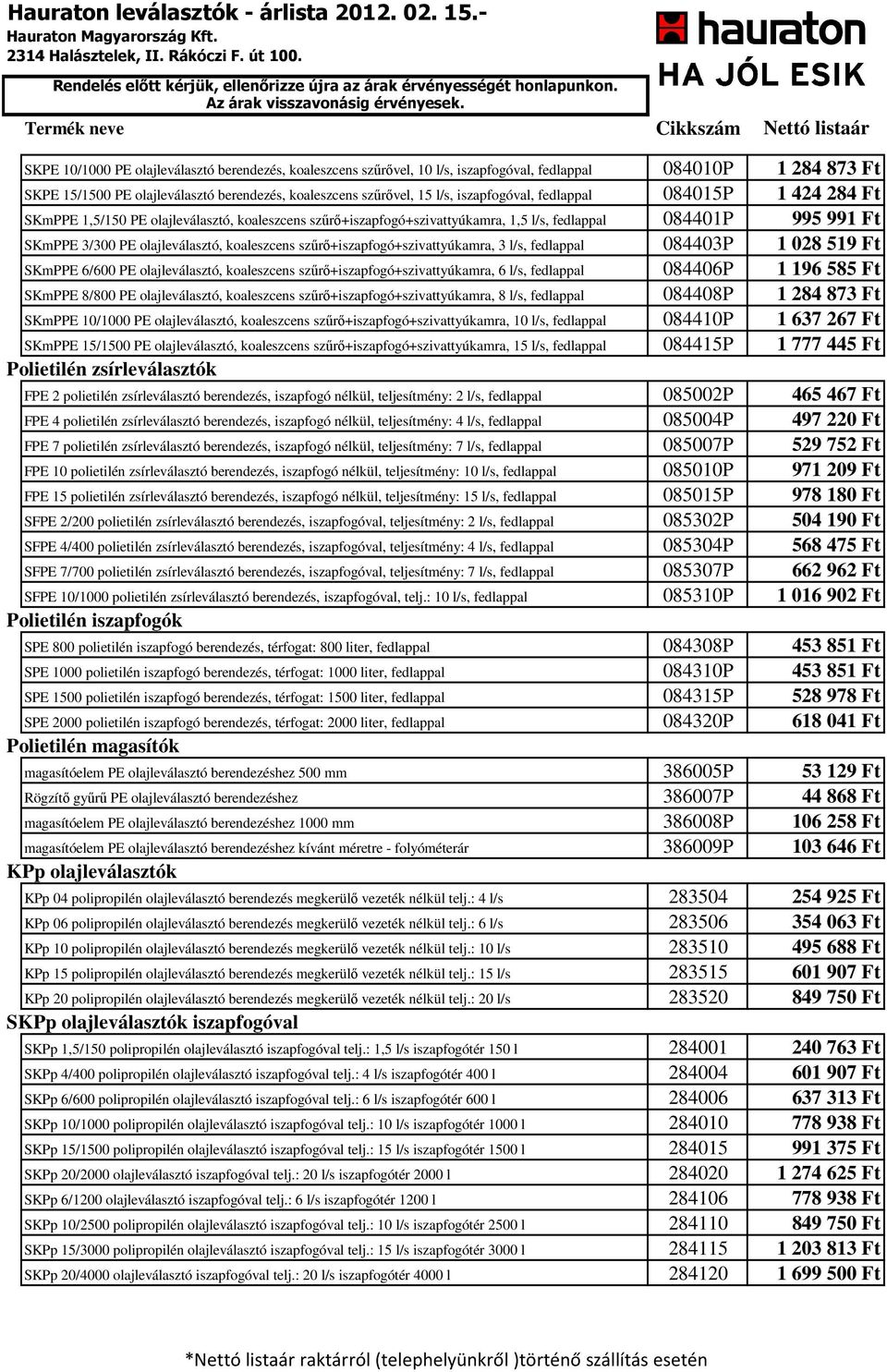 koaleszcens szűrő+iszapfogó+szivattyúkamra, 3 l/s, fedlappal 084403P 1 028 519 Ft SKmPPE 6/600 PE olajleválasztó, koaleszcens szűrő+iszapfogó+szivattyúkamra, 6 l/s, fedlappal 084406P 1 196 585 Ft