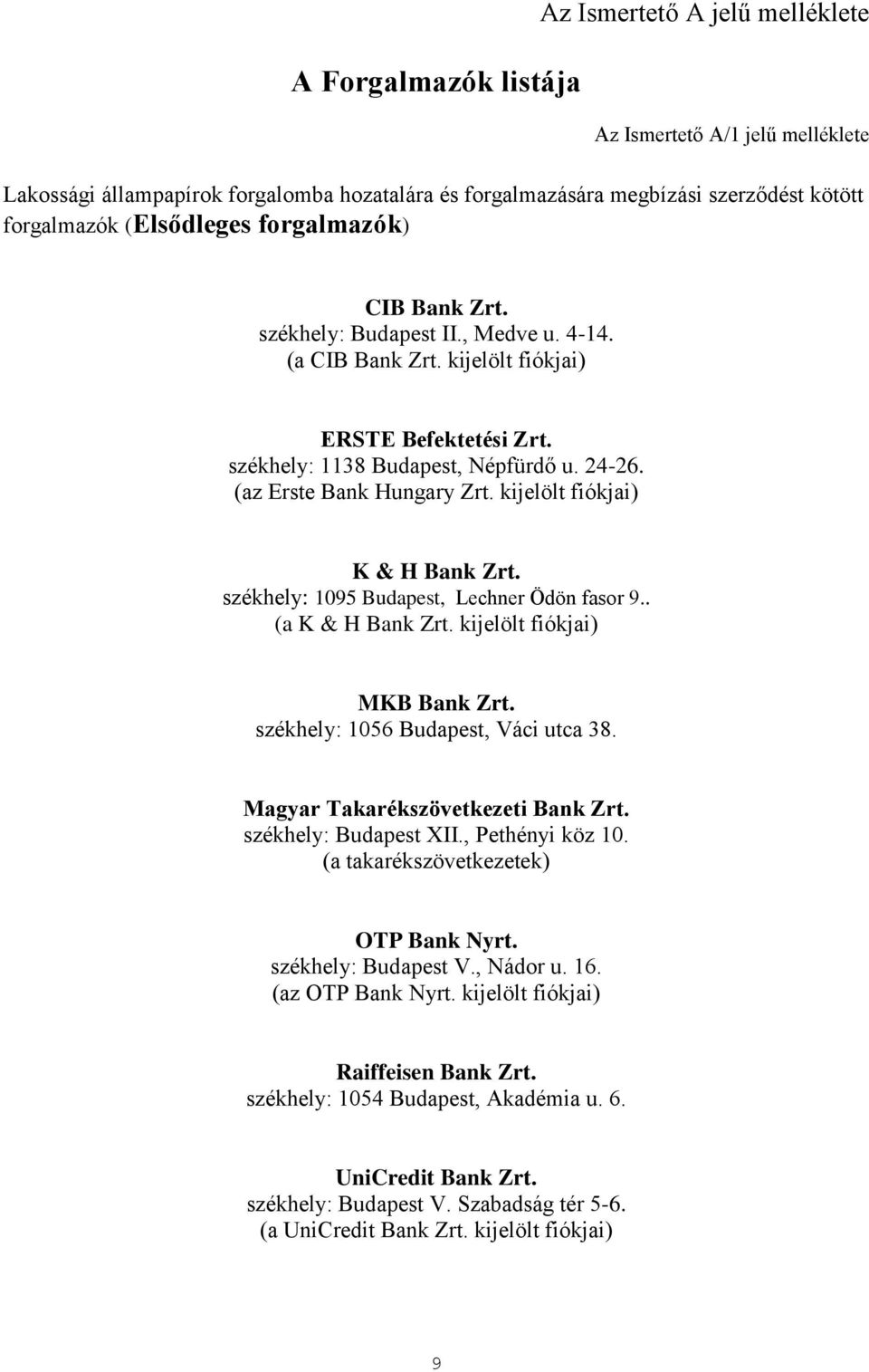 (az Erste Bank Hungary Zrt. kijelölt fiókjai) K & H Bank Zrt. székhely: 1095 Budapest, Lechner Ödön fasor 9.. (a K & H Bank Zrt. kijelölt fiókjai) MKB Bank Zrt. székhely: 1056 Budapest, Váci utca 38.