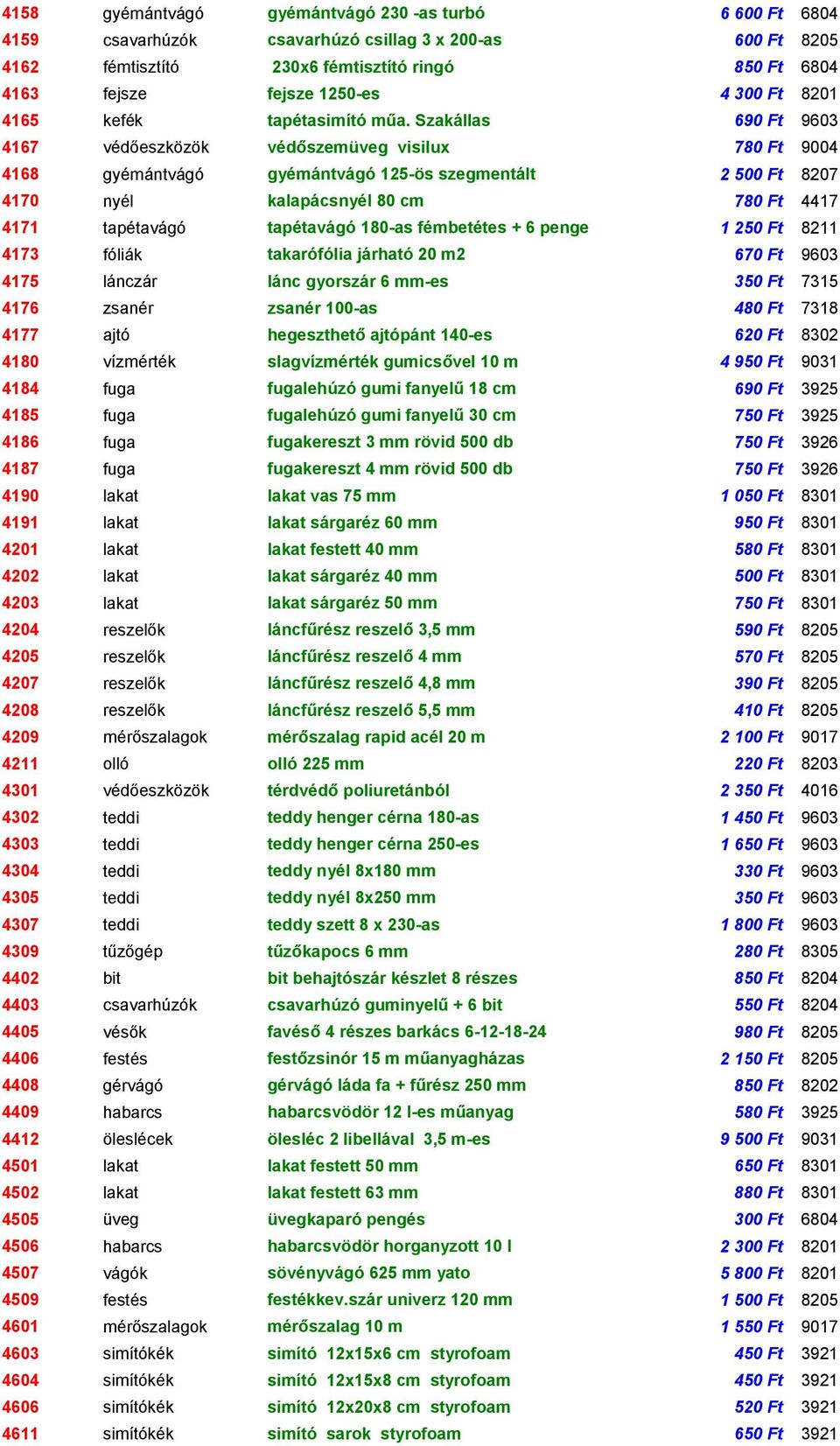 Szakállas 690 Ft 9603 4167 védőeszközök védőszemüveg visilux 780 Ft 9004 4168 gyémántvágó gyémántvágó 125-ös szegmentált 2 500 Ft 8207 4170 nyél kalapácsnyél 80 cm 780 Ft 4417 4171 tapétavágó