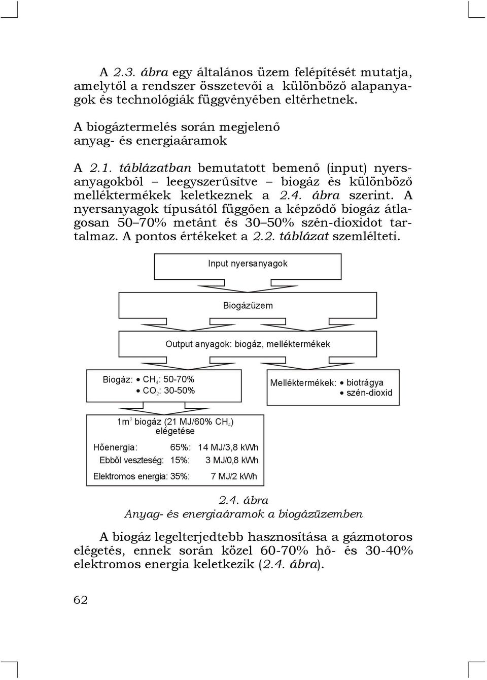 táblázatban bemutatott bemenő (input) nyersanyagokból leegyszerűsítve biogáz és különböző melléktermékek keletkeznek a 2.4. ábra szerint.