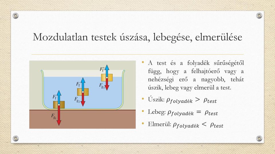 erő a nagyobb, tehát úszik, lebeg vagy elmerül a test.