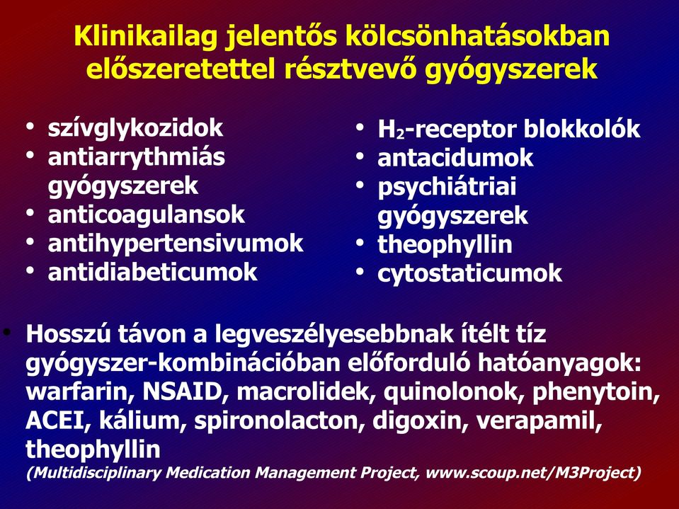 távon a legveszélyesebbnak ítélt tíz gyógyszer-kombinációban előforduló hatóanyagok: warfarin, NSAID, macrolidek, quinolonok,