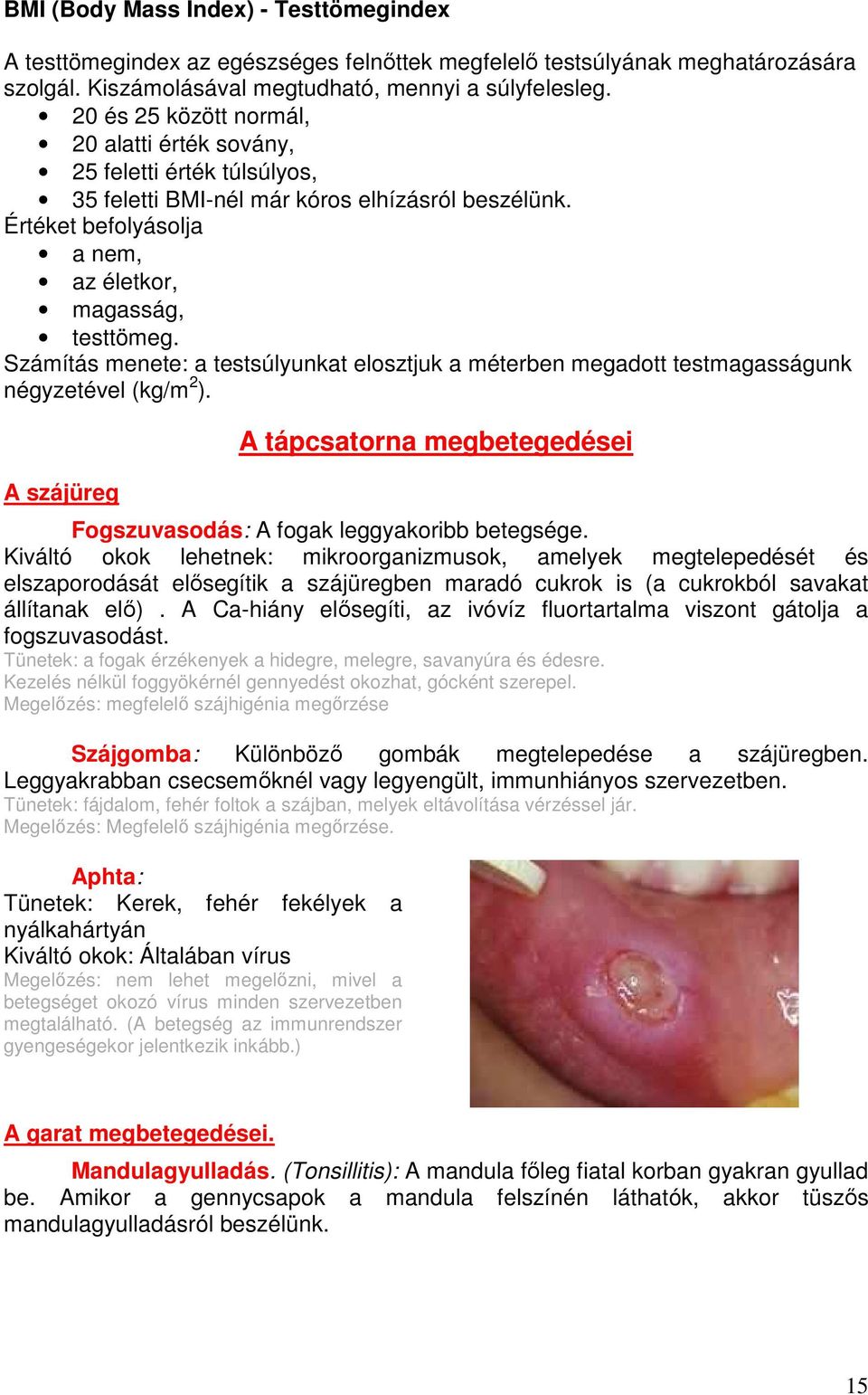 Számítás menete: a testsúlyunkat elosztjuk a méterben megadott testmagasságunk négyzetével (kg/m 2 ). A szájüreg A tápcsatorna megbetegedései Fogszuvasodás: A fogak leggyakoribb betegsége.