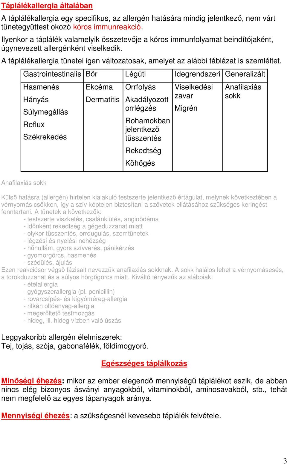 A táplálékallergia tünetei igen változatosak, amelyet az alábbi táblázat is szemléltet.