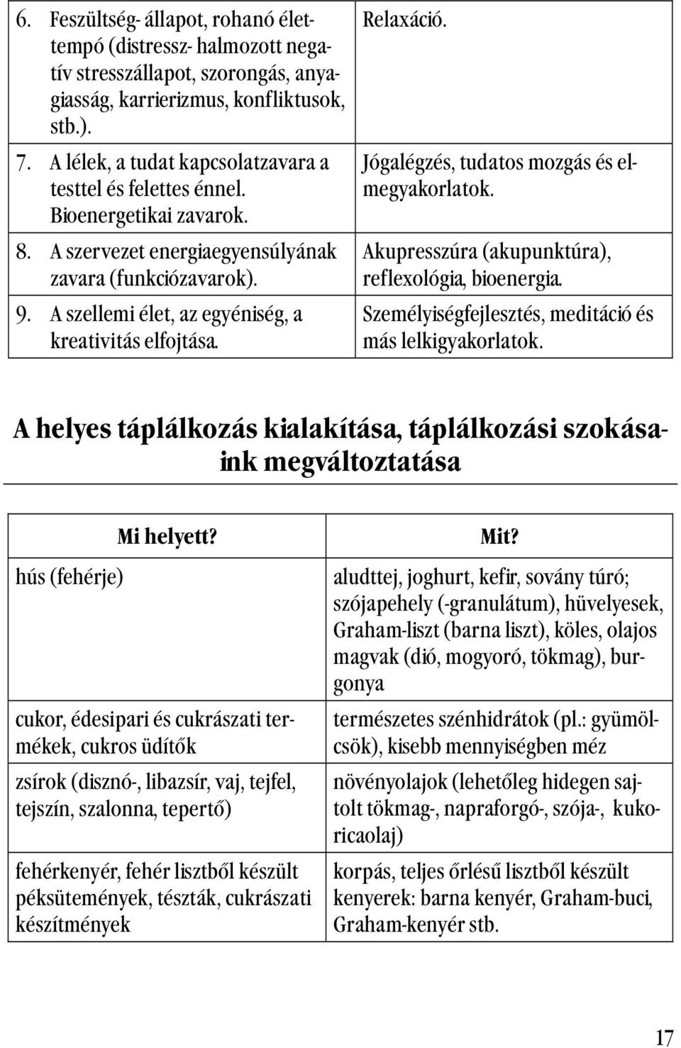 A szellemi élet, az egyéniség, a kreativitás elfojtása. Relaxáció. Jógalégzés, tudatos mozgás és elmegyakorlatok. Akupresszúra (akupunktúra), reflexológia, bioenergia.