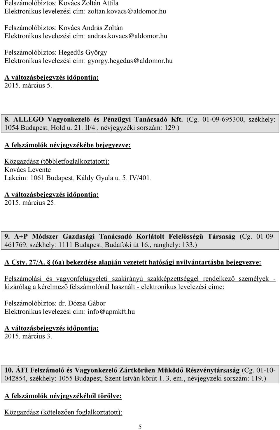 ) Közgazdász Kovács Levente Lakcím: 1061 Budapest, Káldy Gyula u. 5. IV/401. 2015. március 25. 9. A+P Módszer Gazdasági Tanácsadó Korlátolt Felelősségű Társaság (Cg.