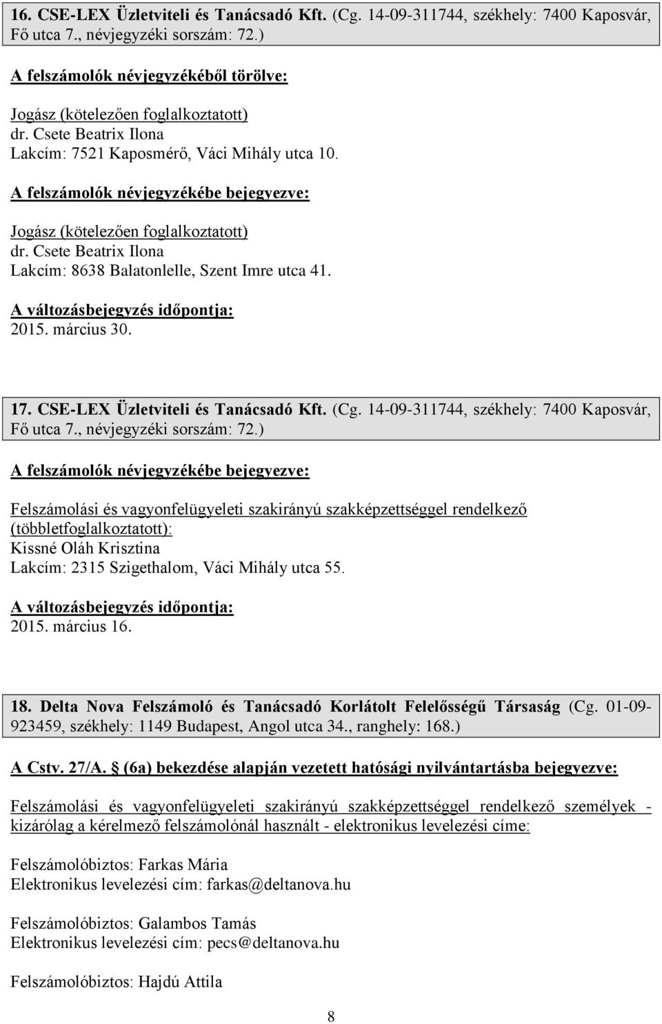 CSE-LEX Üzletviteli és Tanácsadó Kft. (Cg. 14-09-311744, székhely: 7400 Kaposvár, Fő utca 7., névjegyzéki sorszám: 72.) Kissné Oláh Krisztina Lakcím: 2315 Szigethalom, Váci Mihály utca 55. 2015.