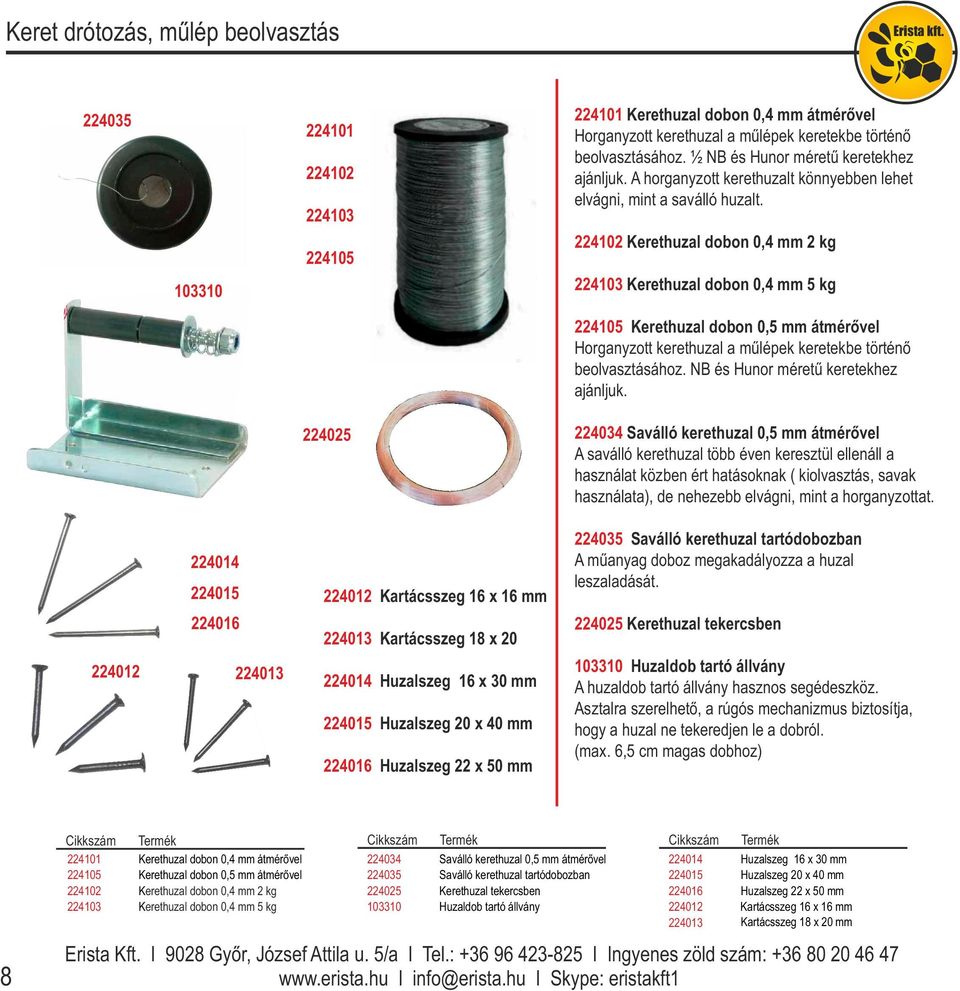 224102 Kerethuzal dobon 0,4 mm 2 kg 224103 Kerethuzal dobon 0,4 mm 5 kg 224105 Kerethuzal dobon 0,5 mm átmérővel Horganyzott kerethuzal a műlépek keretekbe történő beolvasztásához.