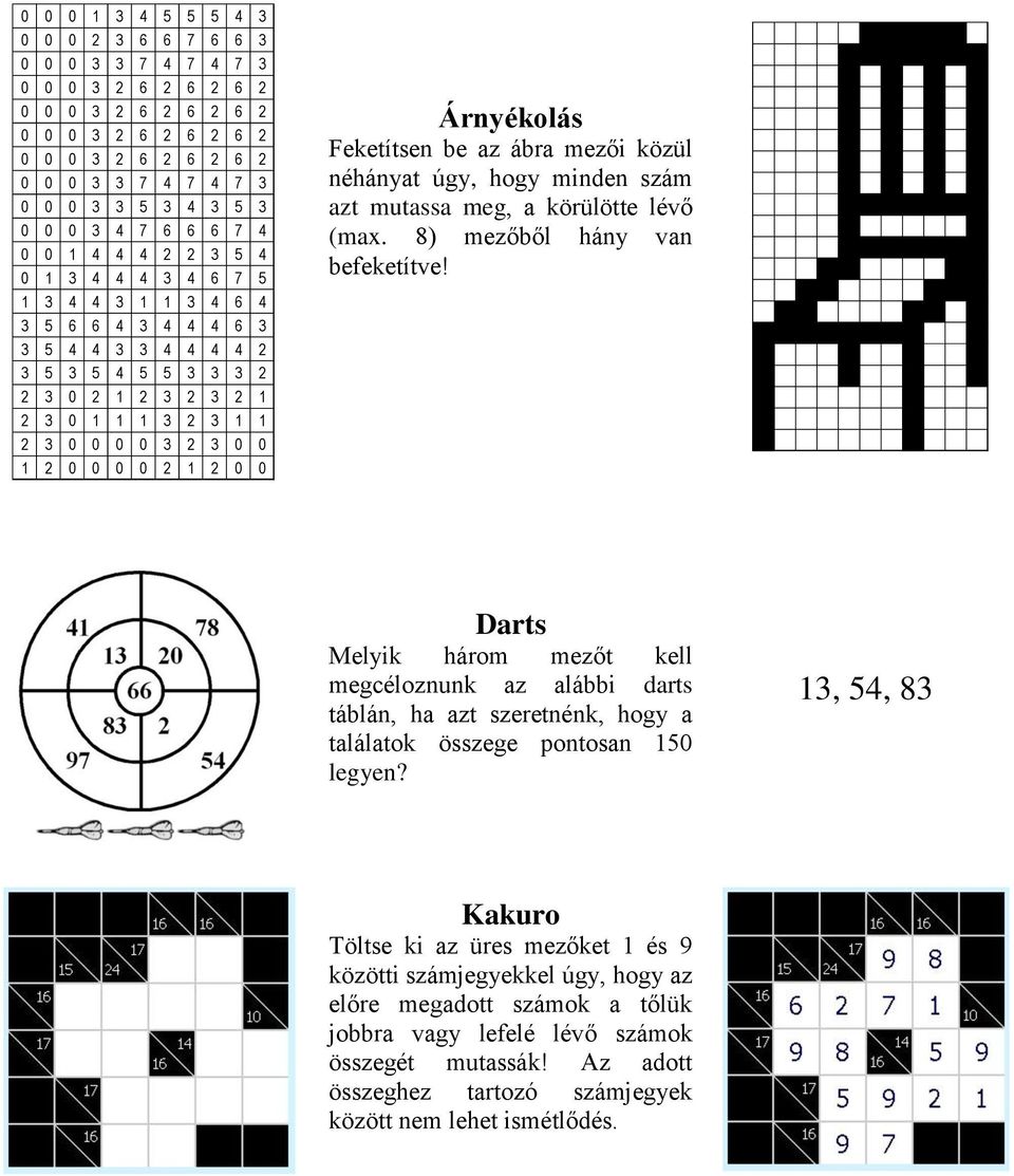 8) mezőből hány van befeketítve! 1 1 1 1 1 1 1 Darts Melyik három mezőt kell megcéloznunk az alábbi darts táblán, ha azt szeretnénk, hogy a találatok összege pontosan 150 legyen?