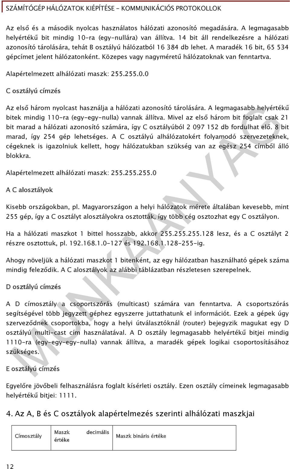 Közepes vagy nagyméretű hálózatoknak van fenntartva. Alapértelmezett alhálózati maszk: 255.255.0.0 C osztályú címzés Az első három nyolcast használja a hálózati azonosító tárolására.