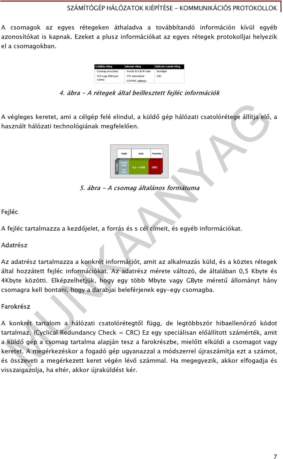 Fejléc 5. ábra - A csomag általános formátuma A fejléc tartalmazza a kezdőjelet, a forrás és s cél címeit, és egyéb információkat.