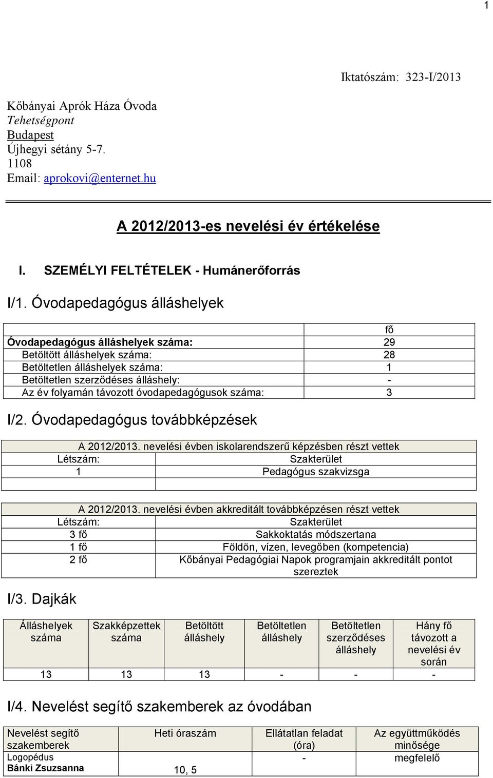 Óvodapedagógus álláshelyek fő Óvodapedagógus álláshelyek száma: 29 Betöltött álláshelyek száma: 28 Betöltetlen álláshelyek száma: 1 Betöltetlen szerződéses álláshely: - Az év folyamán távozott